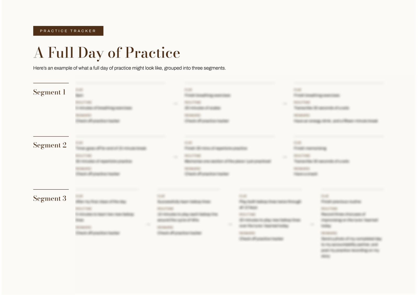 A worked example of a full day of practice, broken into three segments of cue, routine and reward