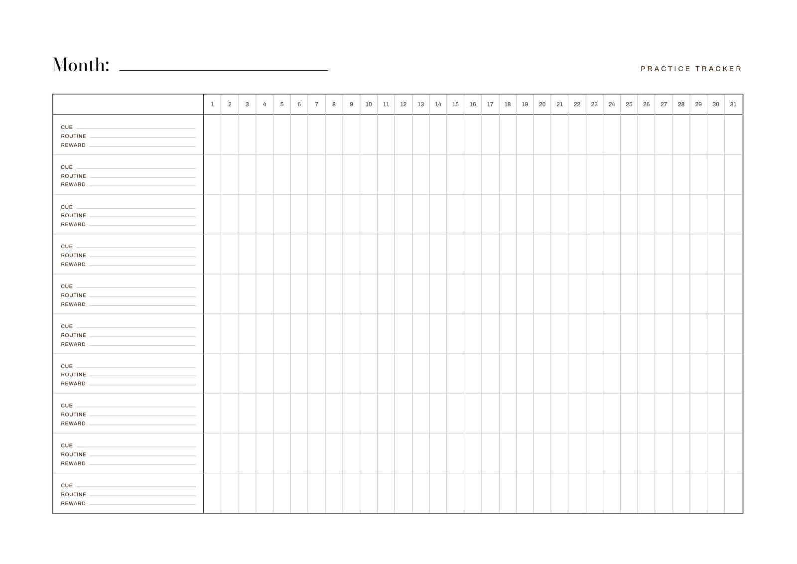 A monthly tracking grid, with cue, routine and reward rows against the days of the month